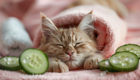 Cat at spa, towel and cucumber slices, pink background, whimsicalの素材