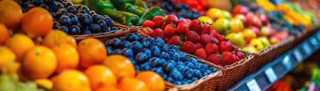 Basket filled with fresh fruits and vegetables in a grocery aisle, vibrant colors, healthy and invitingの素材