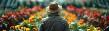 A person in a straw hat wanders through a lush greenhouse full of vibrant flowering plants, immersed in the beauty of the nurseryの素材