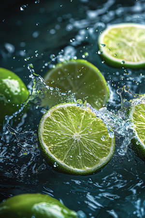 Fresh lime slices with water splashesの素材