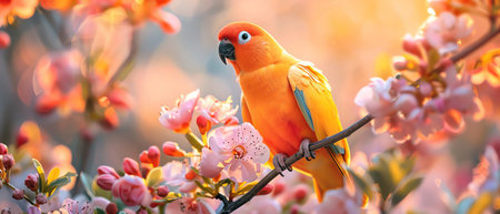 Bright yellow and orange parrot, floral background, soft lightの素材