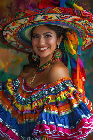 Woman in colorful dress and sombrero, smiling, vibrant festival, bright lightの素材