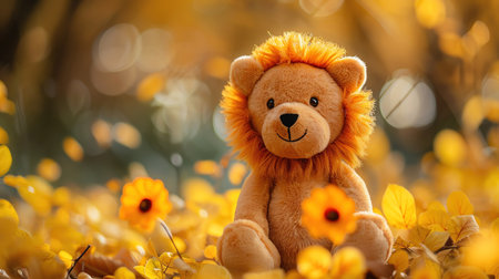 Plush lion toy, orange and cute, naturethemed backgroundの素材