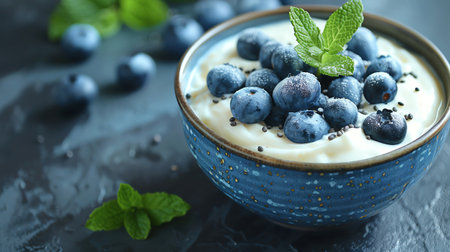 A bowl of creamy yogurt topped with fresh blueberries and mint, a healthy and delicious snack or breakfast optionの素材