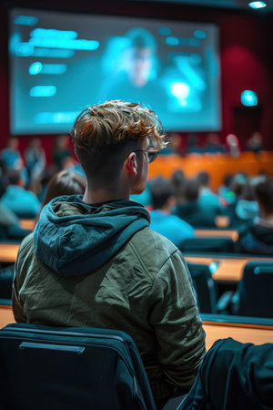 Speaker in a conference room, audience attentive, screen in backgroundの素材