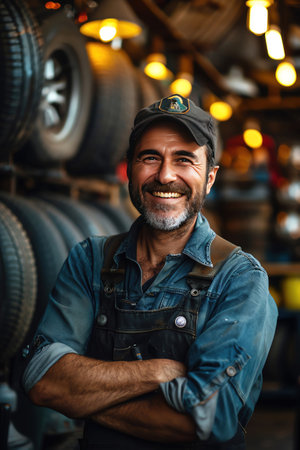 Smiling mechanic in workshop, surrounded by tires, bright lightingの素材