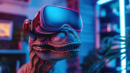 Dinosaur with VR headset, modern room, blue neon lightsの素材