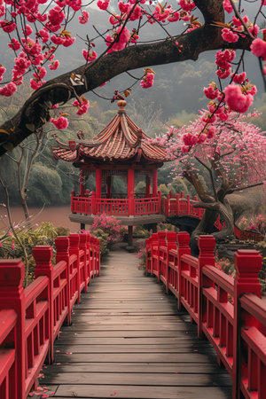 Tranquil garden with cherry blossom trees, traditional Asian architectureの素材