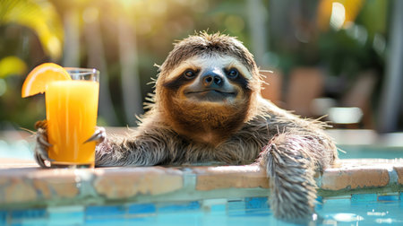 Sloth relaxing by pool with drink, sunny day, tropical setting, humorousの素材