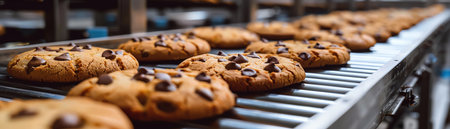 A Freshly baked cookies cooling on a conveyor belt inside a food production line at a modern factoryの素材