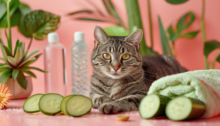 Cat at spa, towel and cucumber slices, pink background, whimsicalの素材