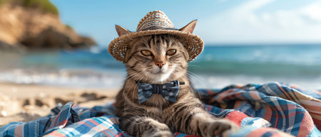 Cute cat wearing plaid shirt and bowtie, lounging on a beach blanketの素材