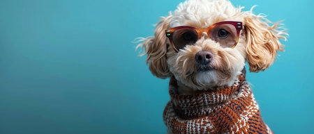 Dog in stylish outfit and sunglasses, blue background, fashionable portrait, closeupの素材