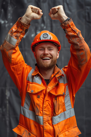 Smiling worker in orange uniform, hard hat, triumphant poseの素材