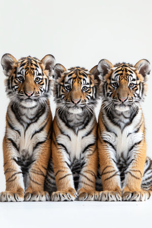 Three tiger cubs sitting, white background, soft light, looking at cameraの素材