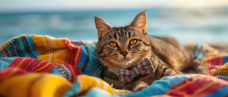 Cute cat wearing plaid shirt and bowtie, lounging on a beach blanketの素材