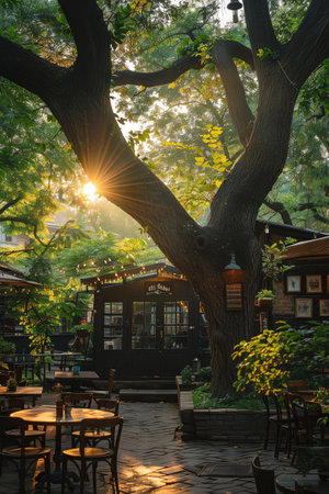 Cozy outdoor cafe with large tree, sunlight, inviting atmosphereの素材