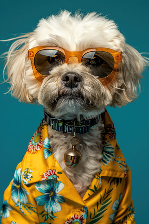 Dog in stylish outfit and sunglasses, blue background, fashionable portrait, closeupの素材