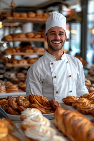 Smiling baker in white uniform, surrounded by fresh pastriesの素材
