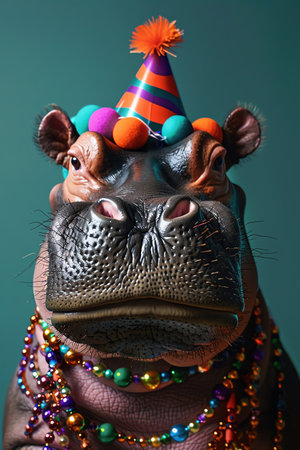 Hippo with a party hat and colorful beads, against a mint green background, cheerful and funの素材