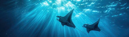 Three manta rays swimming underwater, sun rays filtering through waterの素材