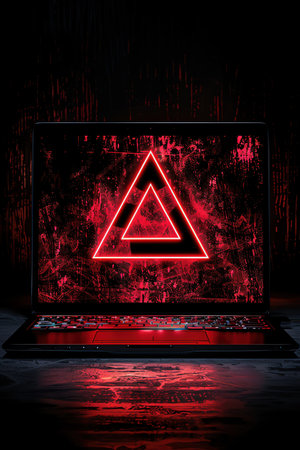 Laptop screen with red warning symbol, dark room, intense cyber threatの素材