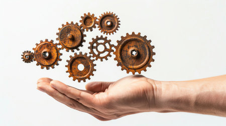 Outstretched hand with floating rusty gears above it on a white backgroundの素材