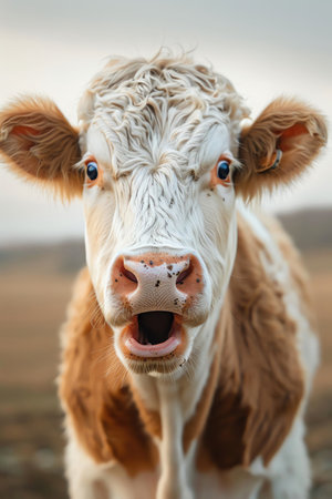 Surprised cow with open mouth, neutral background, closeup, expressiveの素材