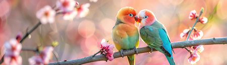 Colorful lovebirds perched on branch, soft focus, spring blossomsの素材