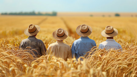 Four farmers in hats stand in golden wheat field back viewの素材