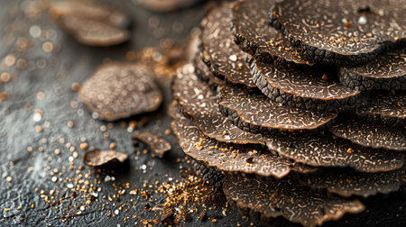 Sliced truffles on a dark surface, macro shot, rich and luxurious textureの素材