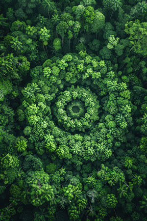 Topdown view of a dense forest, trees forming a spiral patternの素材
