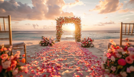 A beautiful wedding setup on the beach with a floral arch and petals lining the aisle, as the sun sets on the horizonの素材