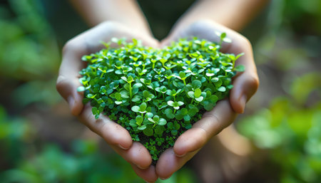 A Hands cradling a heartshaped growth of green sprouts, symbolizing love and care for the environmentの素材