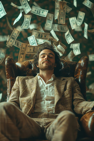 A man lounges confidently in an armchair as a torrent of dollar bills rains down around him, embodying wealth and successの素材