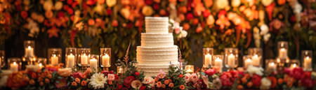 A multitiered elegant wedding cake surrounded by a vibrant array of flowers and candles, setting a festive and romantic atmosphereの素材