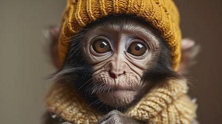 Baby monkey wearing a beanie, closeup, detailed expression, natural lightの素材