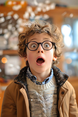 A Young boy in glasses expressing surprise in a classroom with flying objectsの素材