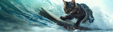 Cat skillfully surfing on a waveの素材