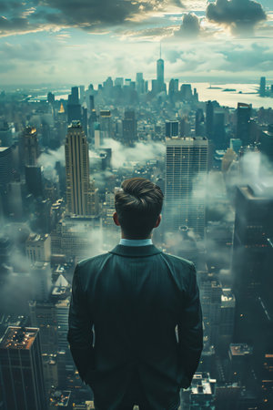 Businessman in suit stands high above cityscape, modern skyscrapers, cloudy skyの素材
