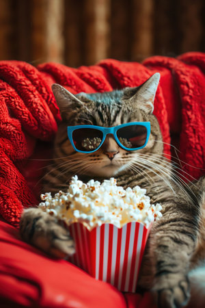 Cat with blue sunglasses lounging in a red chair with popcornの素材