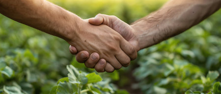 Farmers shaking hands in a field, closeup, green crops in the backgroundの素材