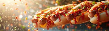 Hotdogs with vibrant toppings flying in midair, motion blurの素材