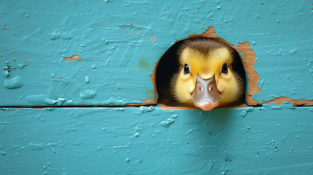 Cute duckling peeking through a hole in a bright blue wall, curious expressionの素材