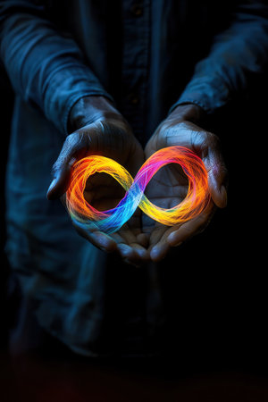Hands holding a colorful infinity symbol, dark background, closeup viewの素材