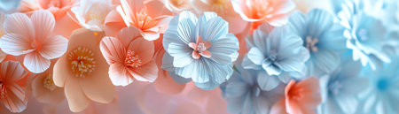 Delicate paper flowers in pastel colors, arranged on a light background, soft focusの素材