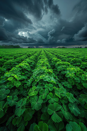 Green clover field under a stormy sky, dramatic lighting, wideangle viewの素材