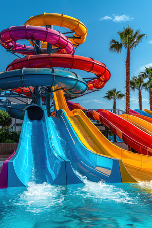 Colorful water slides at a water park, bright sunny day, vibrant and fun atmosphereの素材