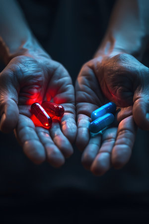 Hands holding red and blue capsules, dark background, dramatic and mysteriousの素材