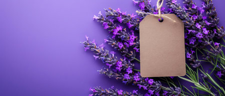 Lavender flowers with a blank tag on a purple background, topdown viewの素材